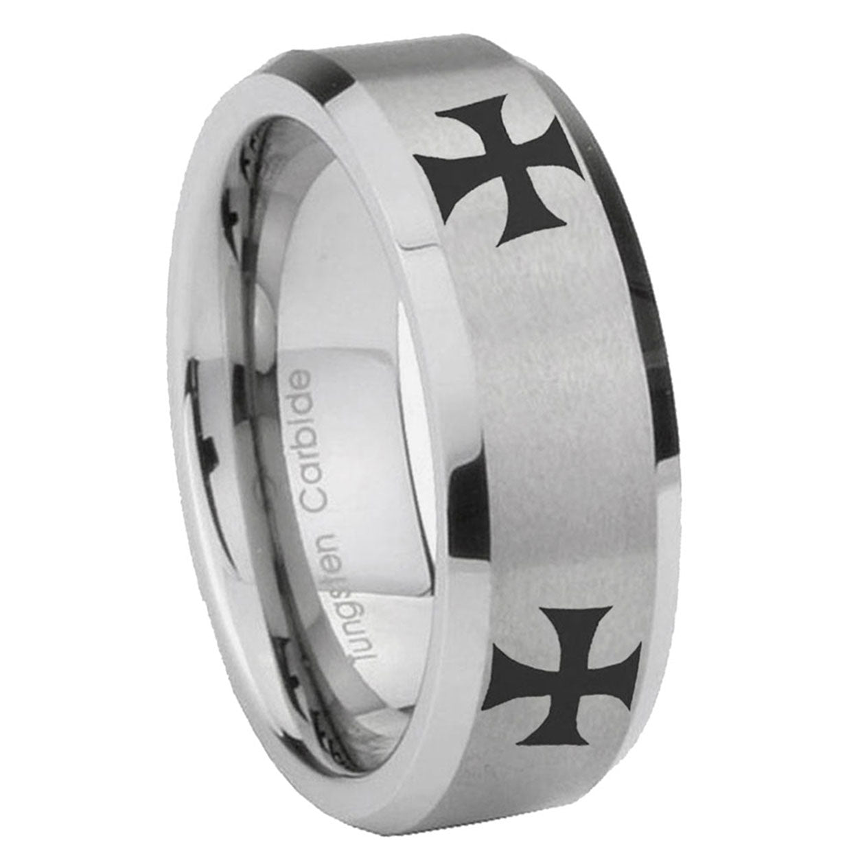 10mm 4 Maltese Cross Beveled Edges Matte Grey Tungsten Carbide Wedding Band Mens