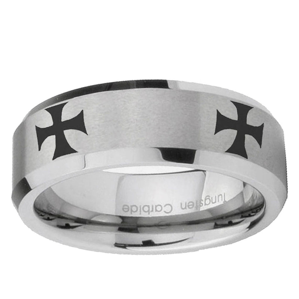 6MM 4 Maltese Cross Beveled  Brushed Gray Tungsten Ring