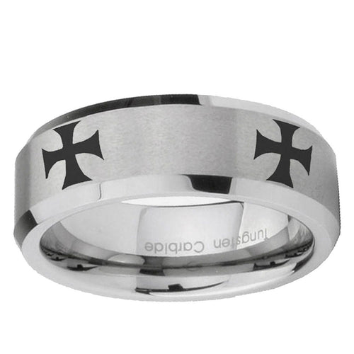 6MM 4 Maltese Cross Beveled  Brushed Gray Tungsten Ring