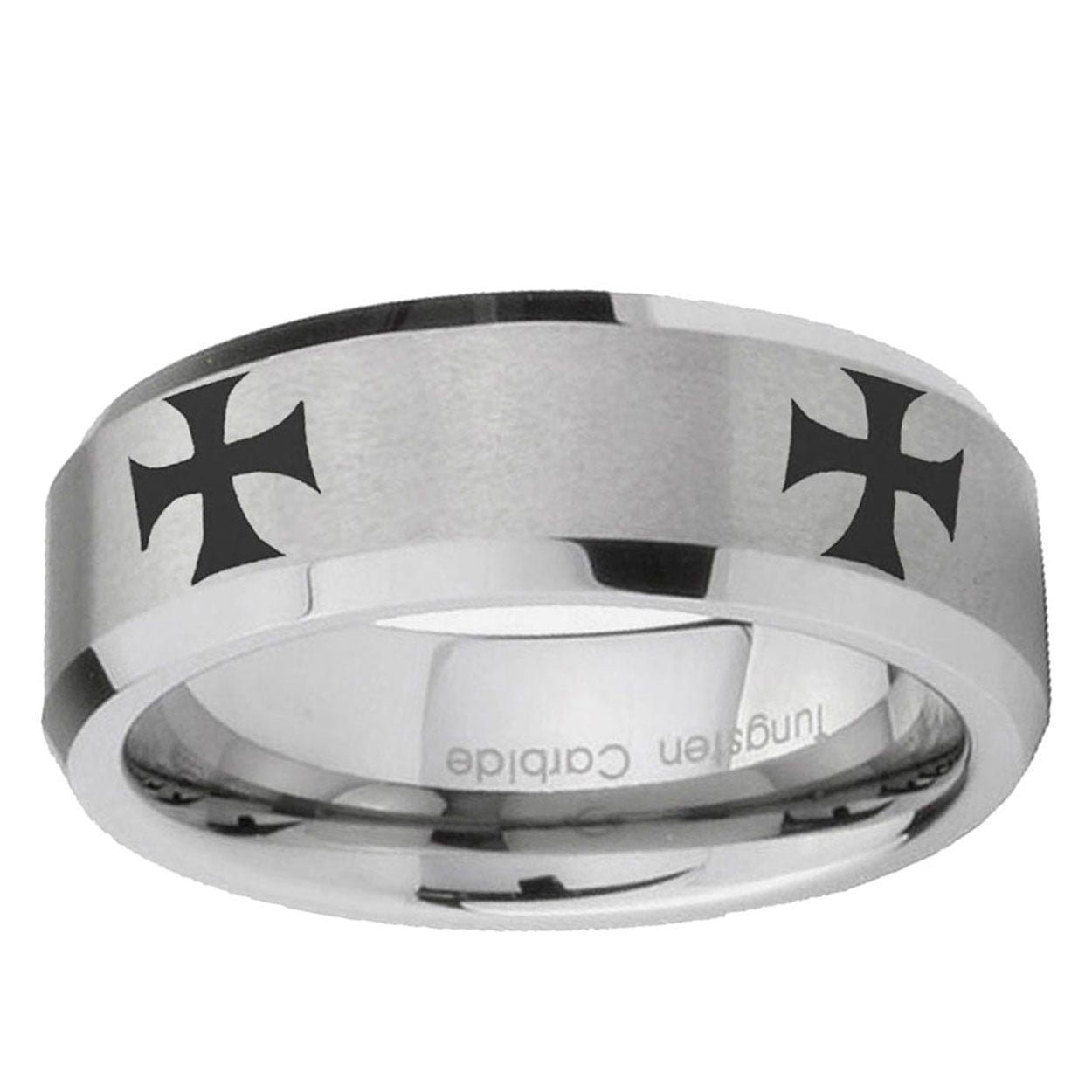 10mm 4 Maltese Cross Beveled Edge Matte Grey Tungsten Ring