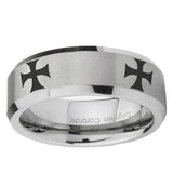 6, 8mm 4 Maltese Cross Beveled Edge Brushed Grey Tungsten Mens Ring
