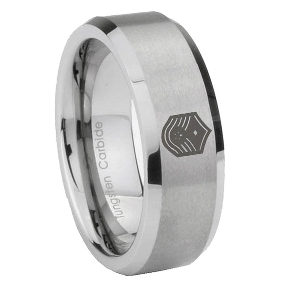 6, 8mm Chief Master Sergeant Vector Beveled Brushed Grey Tungsten Men's Promise Rings