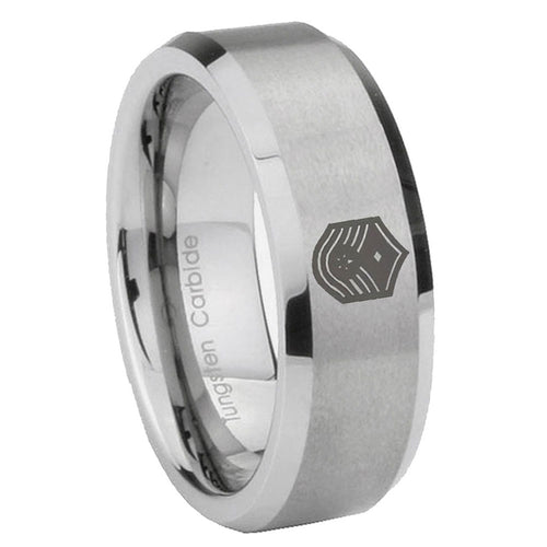 10mm Chief Master Sergeant Vector Beveled Matte Grey Tungsten Custom Ring for Men