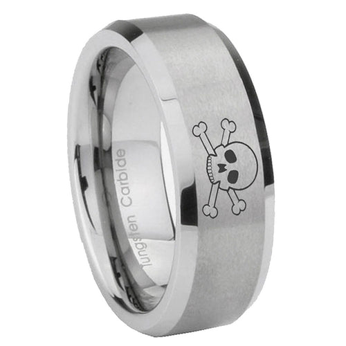 10mm Skull Beveled Edges Matte Grey Tungsten Carbide Wedding Bands Ring