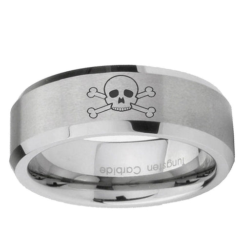 10mm Skull Beveled Edge Matte Grey Tungsten Ring
