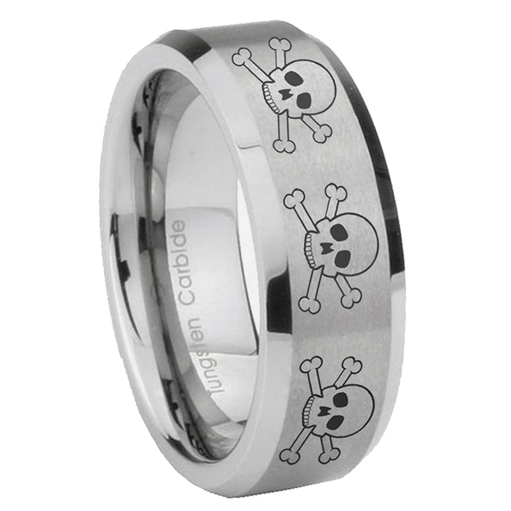 8MM Multiple Skull Beveled Brushed Gray Tungsten Comfort Fit Ring