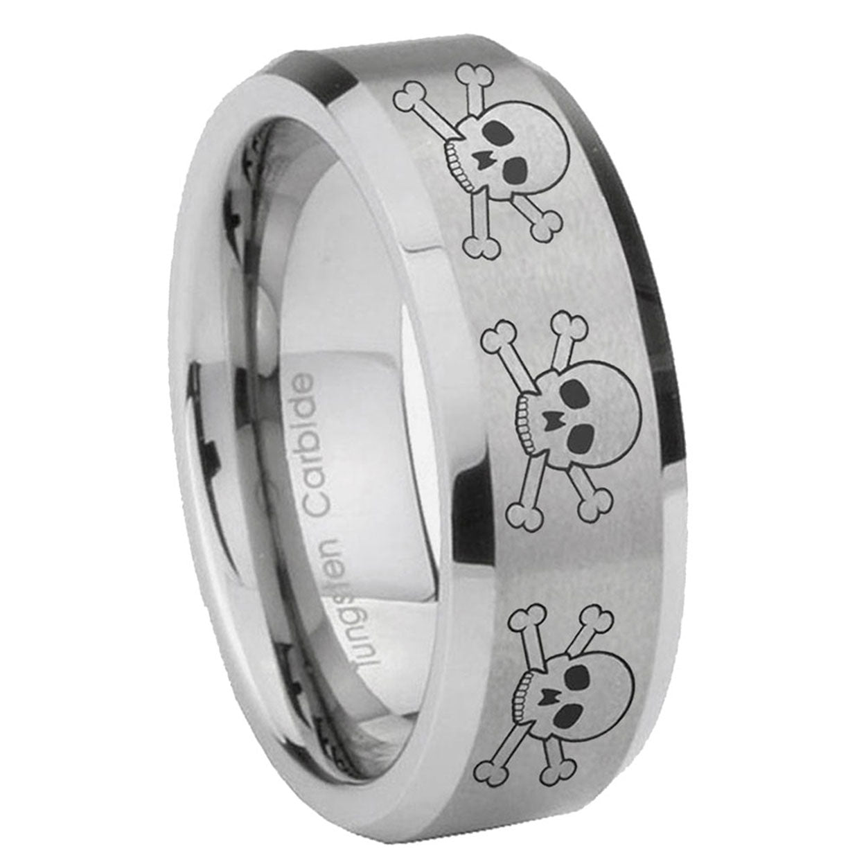 8MM Multiple Skull Beveled Brushed Gray Tungsten Comfort Fit Ring