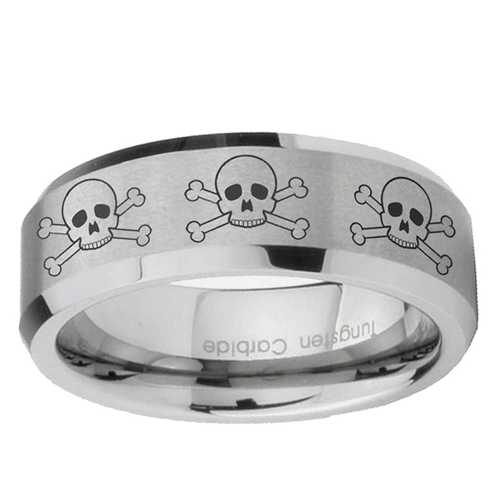 6MM Multiple Skull Beveled Brushed Gray Tungsten Comfort Fit Ring