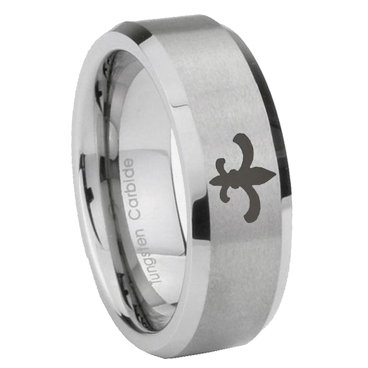 10mm Fleur Delis Beveled Edges Matte Grey Tungsten Carbide Men's Bands Ring