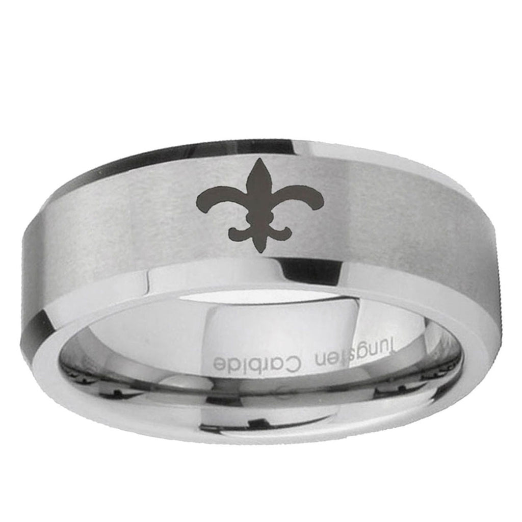 6MM Fleur-De-Lis Beveled Brushed Gray Tungsten Wedding Band For Men