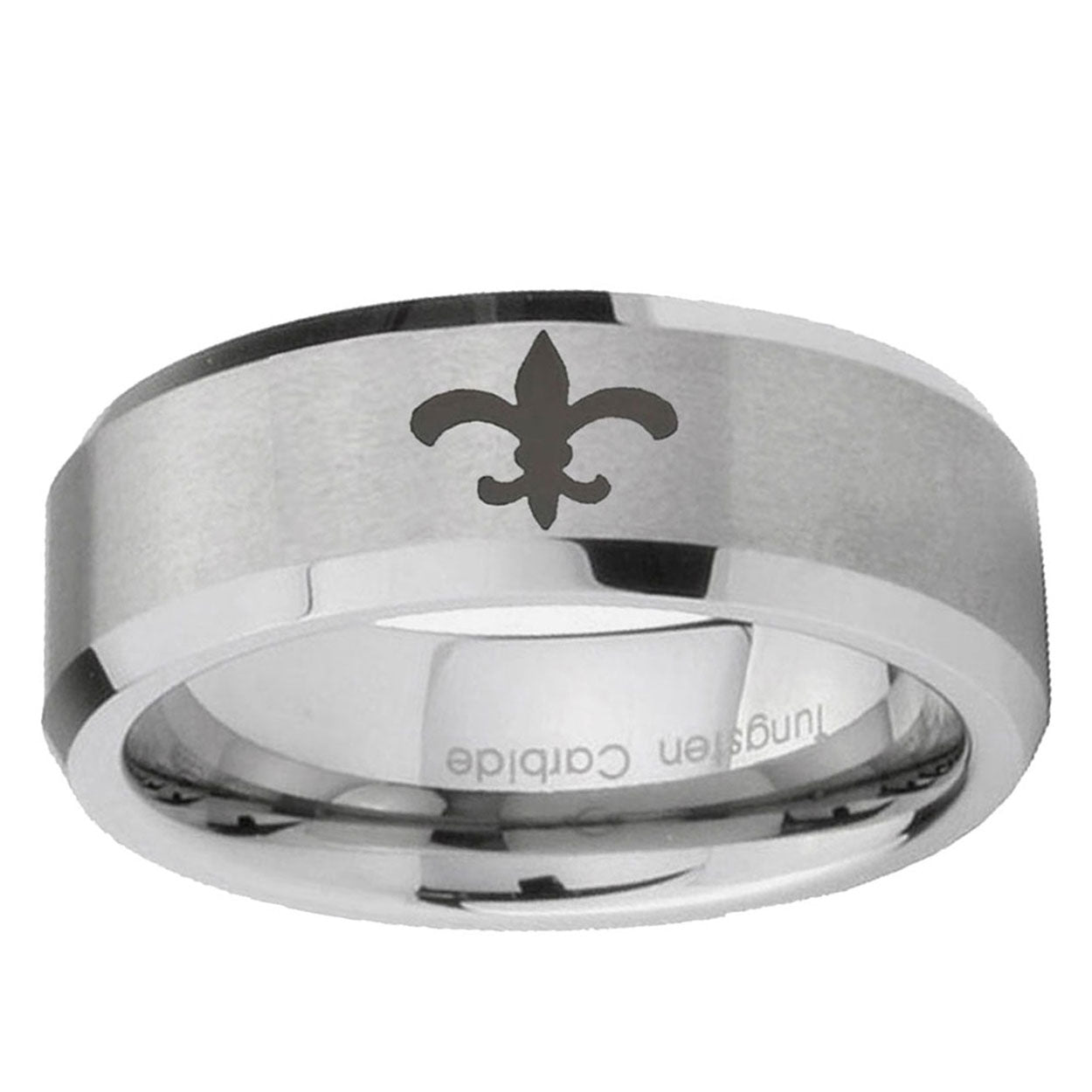 6MM Fleur-De-Lis Beveled Brushed Gray Tungsten Wedding Band For Men