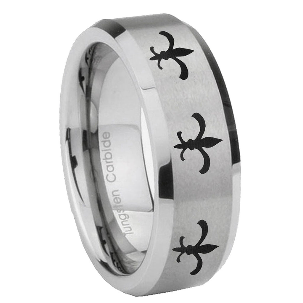 8MM Multiple Fleur-De-Lis Beveled Brushed Gray Tungsten Custom Ring