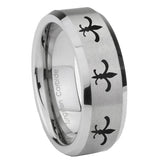 8mm Multiple Fleur-De-Lis Bevel Edge Brushed Gray Tungsten Men's Engagement Ring