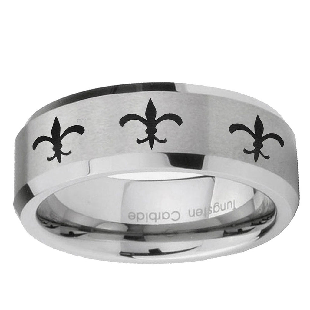 6MM Multiple Fleur-De-Lis Beveled Brushed Gray Tungsten Custom Ring