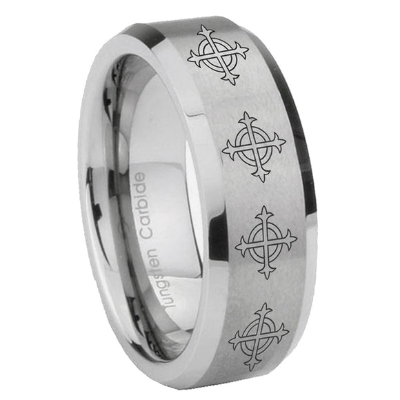 10mm-Multiple-Crosses-Beveled-Edges-Matte-Grey-Tungsten-Carbide-Custom-Mens-Ring
