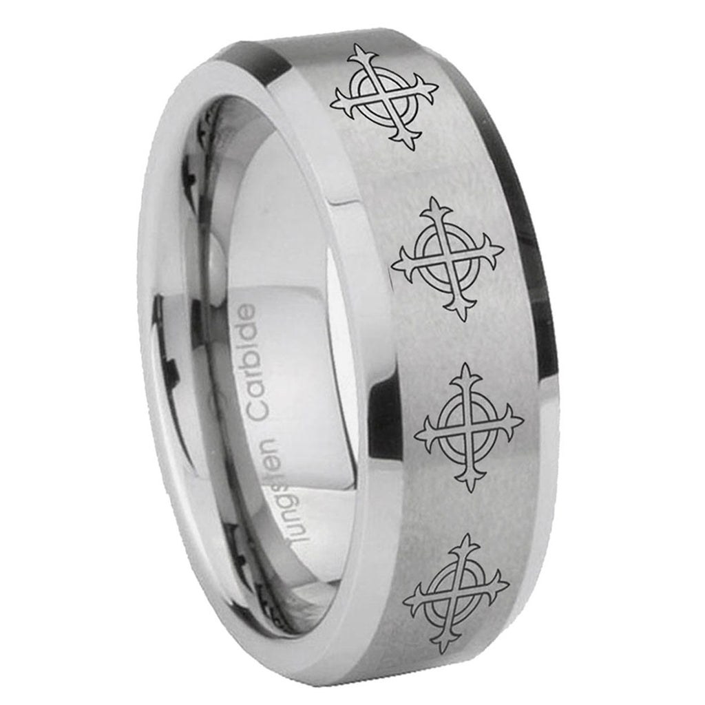 8MM Multiple Crosses Beveled Brushed Gray Tungsten Male Wedding Band
