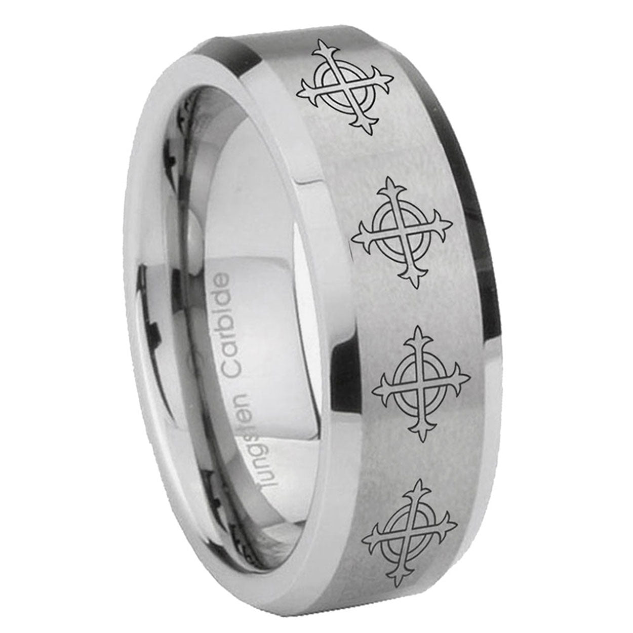 8MM Multiple Crosses Beveled Brushed Gray Tungsten Male Wedding Band