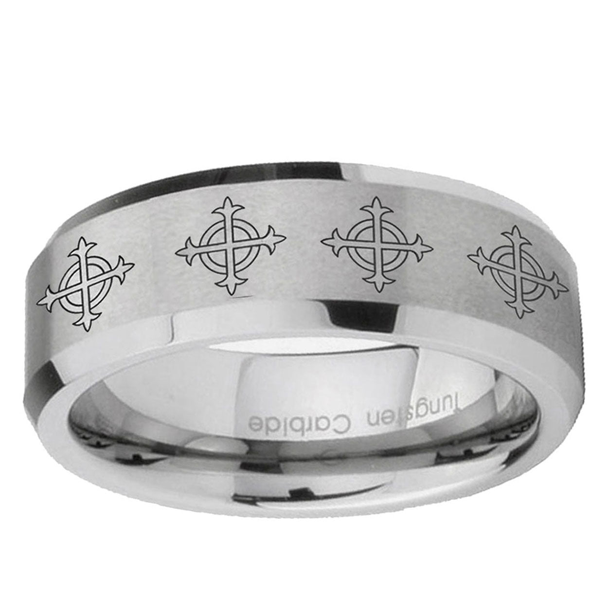 10mm Multiple Crosses Beveled Edge Matte Grey Tungsten Ring