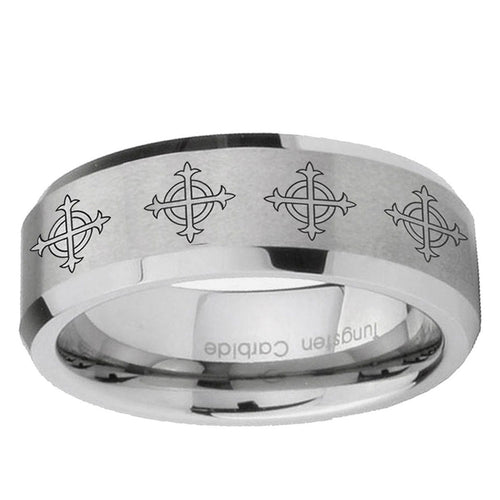 10mm Multiple Crosses Beveled Edge Matte Grey Tungsten Ring