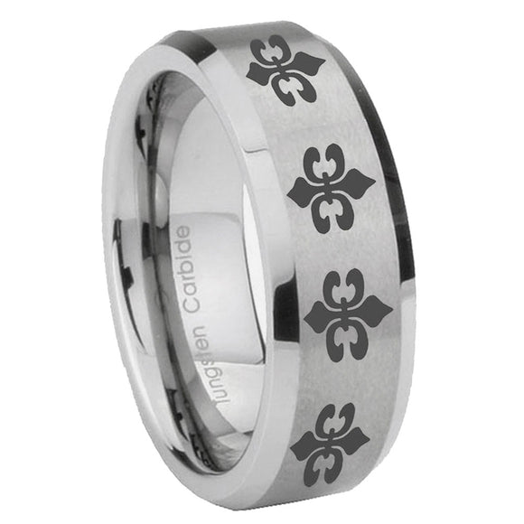 6, 8mm Multiple Fleur De Lis Beveled Edge Brushed Grey Tungsten Mens Wedding Ring