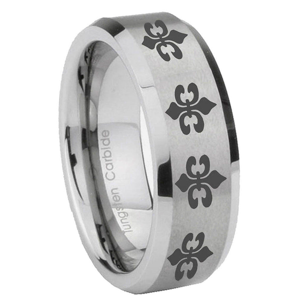 8MM Multiple Fleur Delis Beveled Brushed Gray Tungsten Band For Men