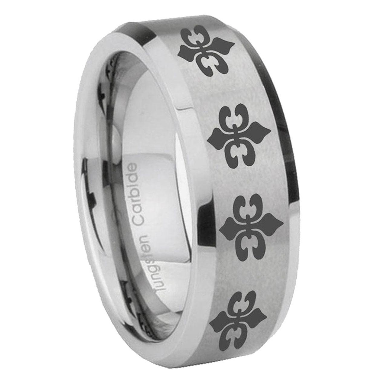 8MM Multiple Fleur Delis Beveled Brushed Gray Tungsten Band For Men