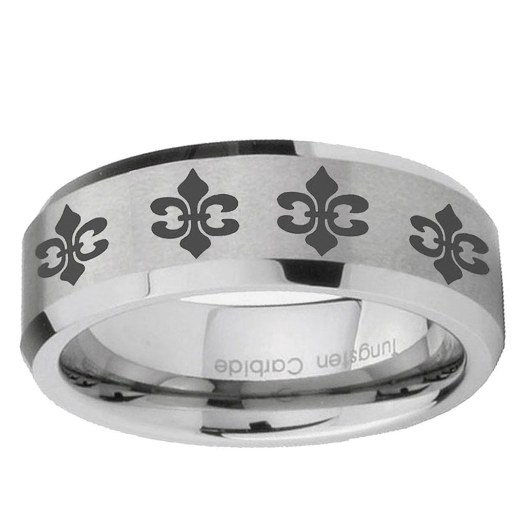 6MM Multiple Fleur Delis Beveled Brushed Gray Tungsten Band For Men