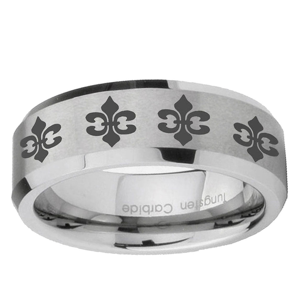 6MM Multiple Fleur Delis Beveled Brushed Gray Tungsten Band For Men