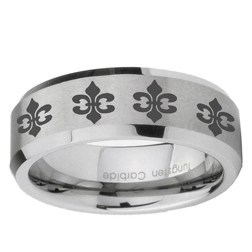 10mm Multiple Fleur-De-Lis Beveled Edge Matte Grey Tungsten Ring