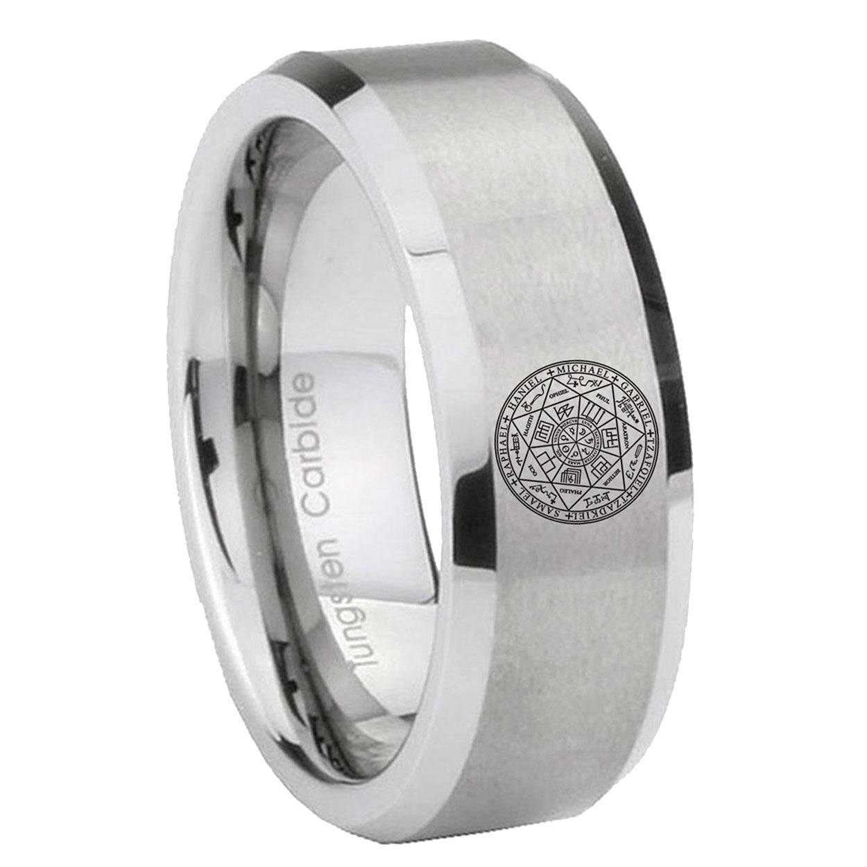 8MM Seal of Seven Beveled Brushed Gray Tungsten Mens Casual Ring