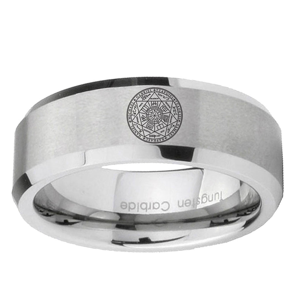 6MM Seal of Seven Beveled Brushed Gray Tungsten Mens Casual Ring