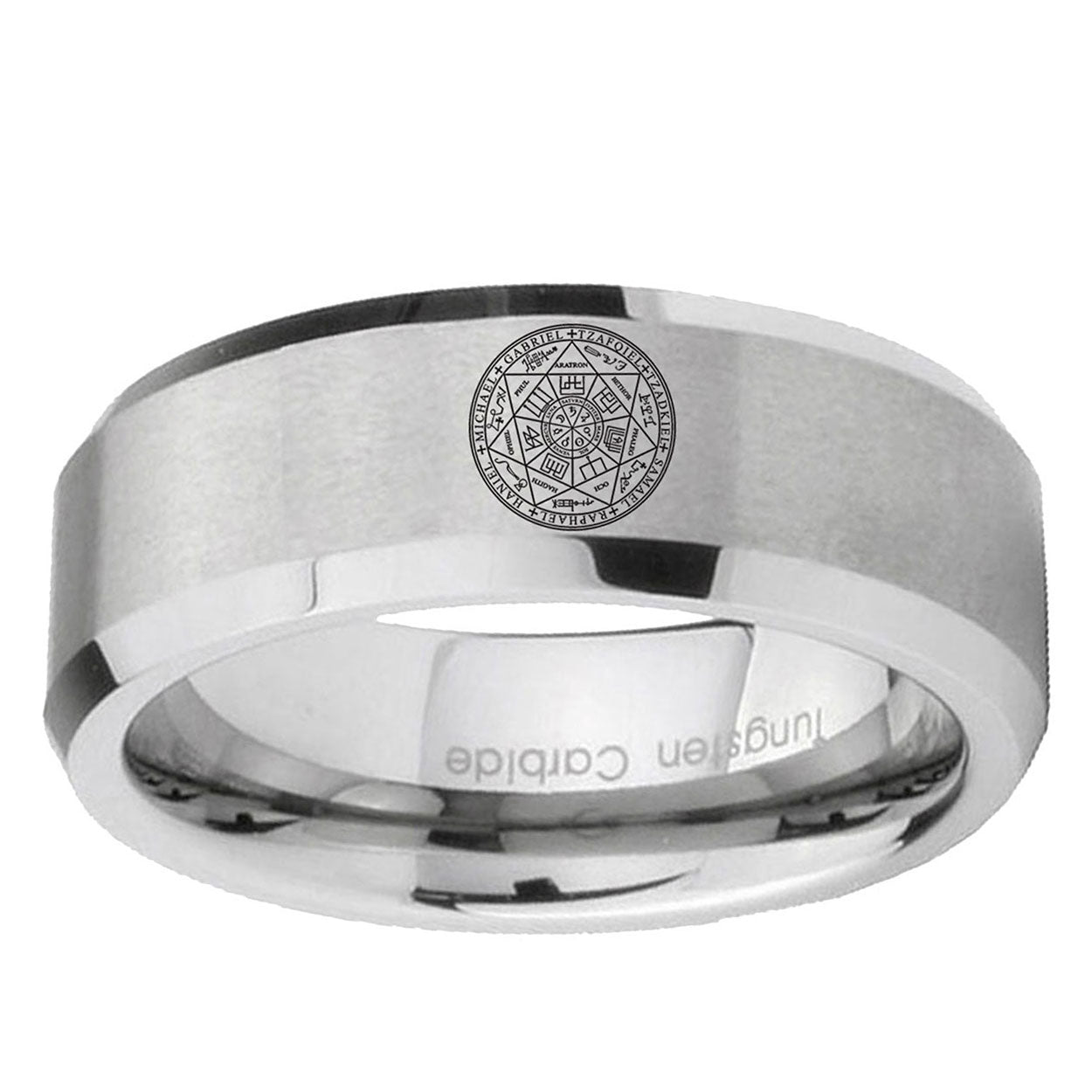 6MM Seal of Seven Beveled Brushed Gray Tungsten Mens Casual Ring