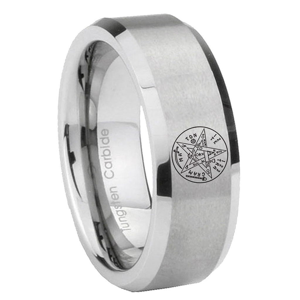 8MM Tetragrammaton Spiritual Beveled Brushed Gray Tungsten Ring