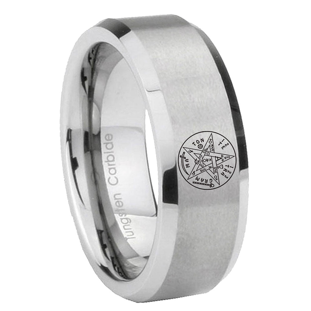 8MM Tetragrammaton Spiritual Beveled Brushed Gray Tungsten Ring