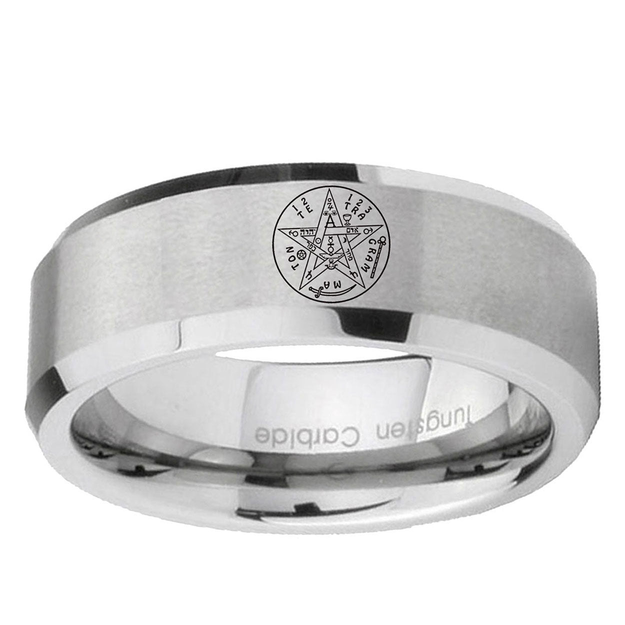 6MM Tetragrammaton Spiritual Beveled Brushed Gray Tungsten Ring