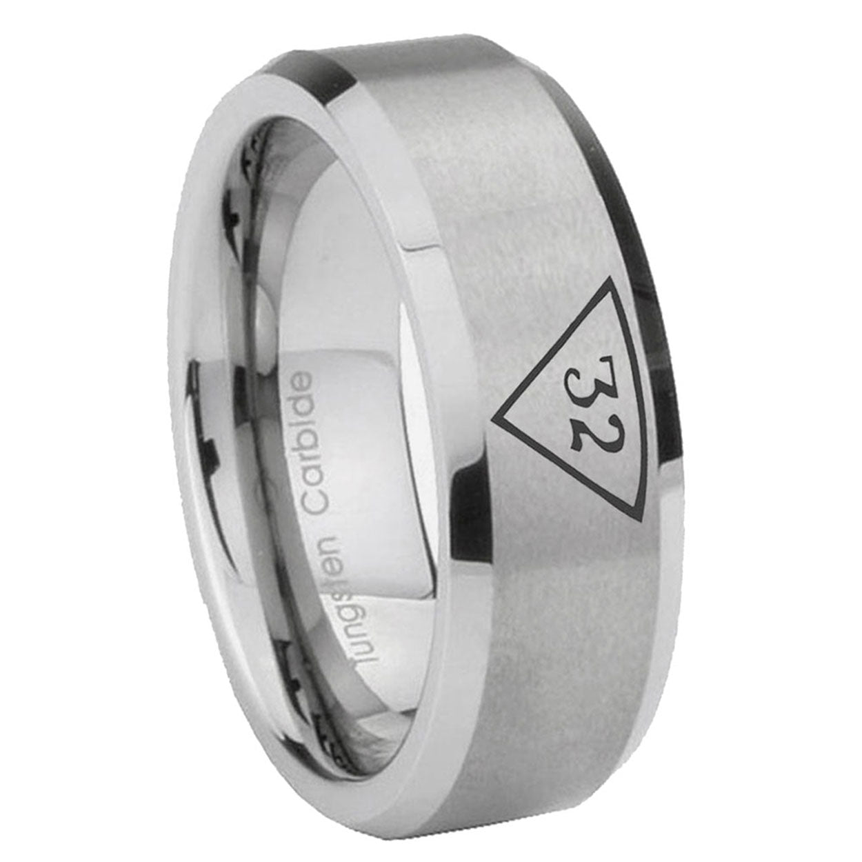 8MM Masonic 32 Triangle Freemason Beveled Brushed Gray Tungsten Ring