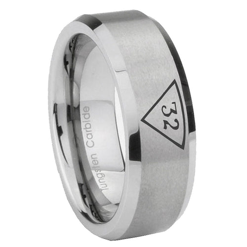 10mm Masonic 32 Triangle Freemason Beveled Edges Matte Grey Tungsten Carbide Rings for Men