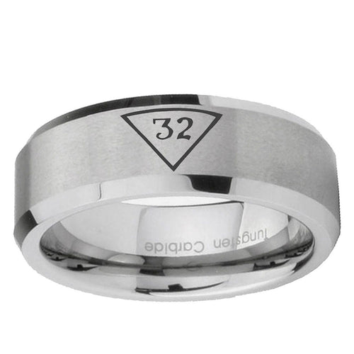 10mm Masonic 32 Triangle Freemason Beveled Edge Matte Grey Tungsten Ring