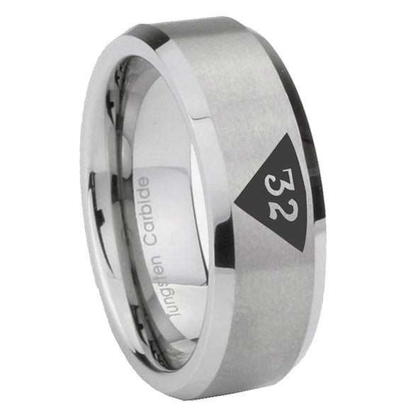 6, 8mm Masonic 32 Triangle Design Freemason Beveled Edge Brushed Grey Tungsten Mens Anniversary Ring