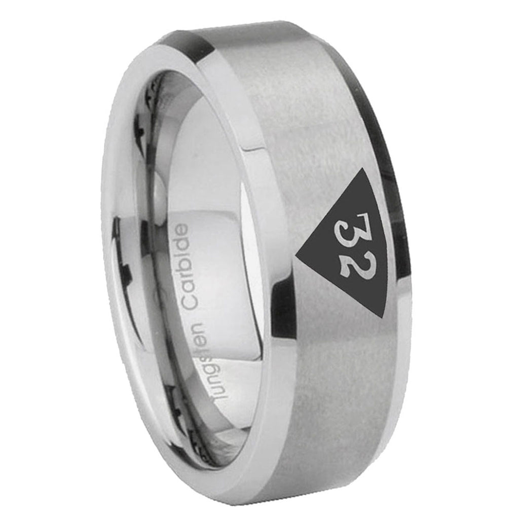 8MM Masonic 32 Triangle Freemason Beveled Brushed Gray Tungsten Ring Men