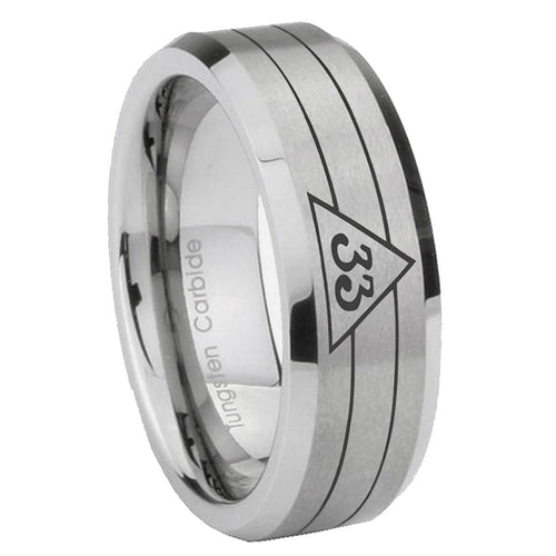 10mm Masonic 32 Duo Line Freemason Beveled Edges Matte Grey Tungsten Carbide Rings for Men