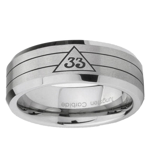 10mm Masonic 32 Duo Line Freemason Beveled Edge Matte Grey Tungsten Ring
