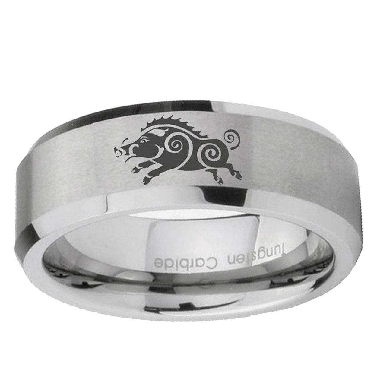 6MM Wild Boar Beveled Brushed Gray Tungsten Promise Ring