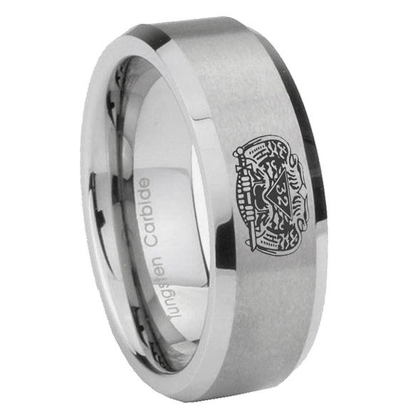 6, 8mm Masonic 32 Degree Freemason Beveled Edge Brushed Grey Tungsten Mens Anniversary Ring