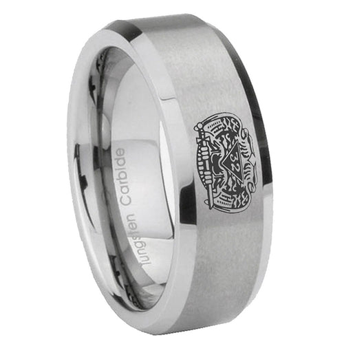 10mm Masonic 32 Degree Freemason Beveled Edges Matte Grey Tungsten Carbide Rings for Men