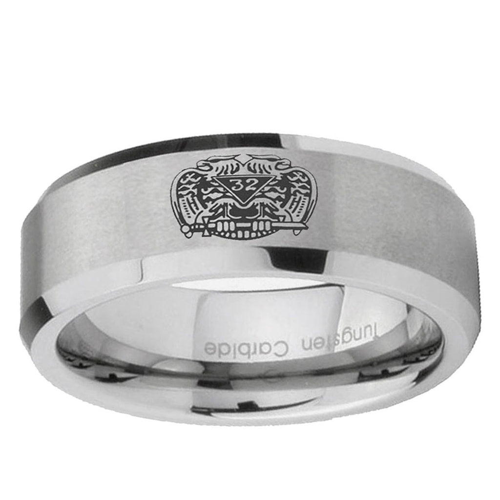 6MM Masonic 32 Degree Freemason Beveled Brushed Gray Tungsten Ring Men