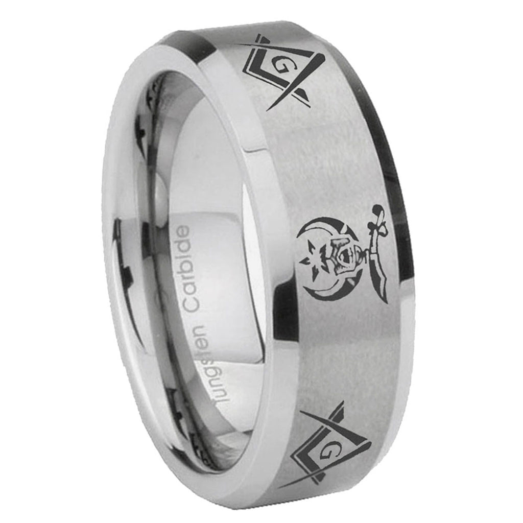 8MM Masonic Shriners Beveled Brushed Gray Tungsten Wedding Band Men