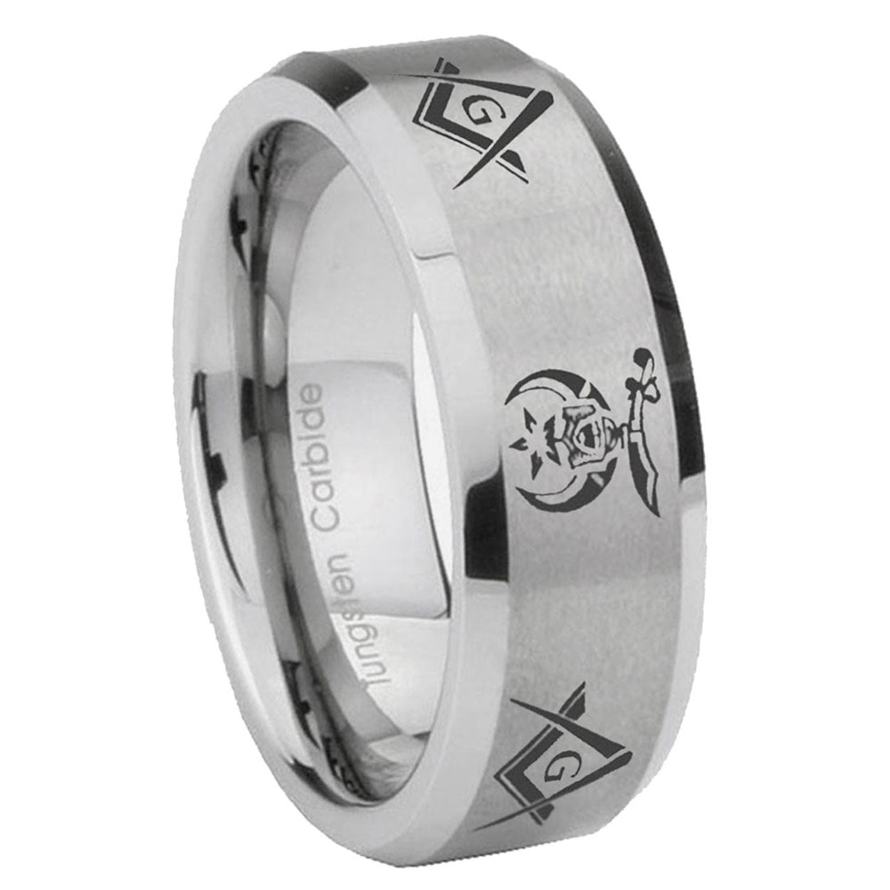8MM Masonic Shriners Beveled Brushed Gray Tungsten Wedding Band Men