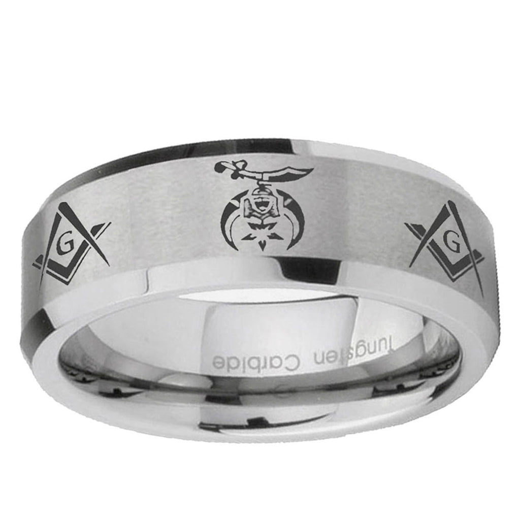 6MM Masonic Shriners Beveled Brushed Gray Tungsten Wedding Band Men