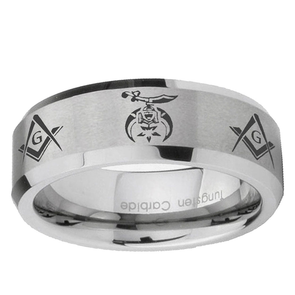 6MM Masonic Shriners Beveled Brushed Gray Tungsten Wedding Band Men